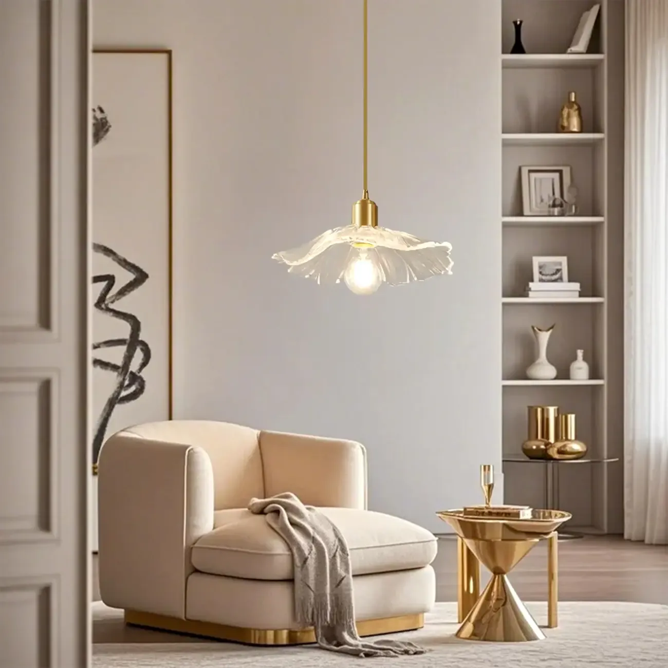 Modern Clear Glass Daisy Pendant Light with Golden Hardware