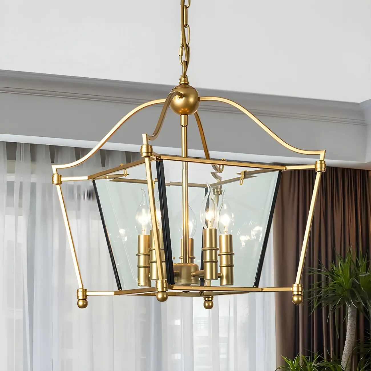 Adjustable Kitchen Gold Square Glass Caged Candle Chandelier