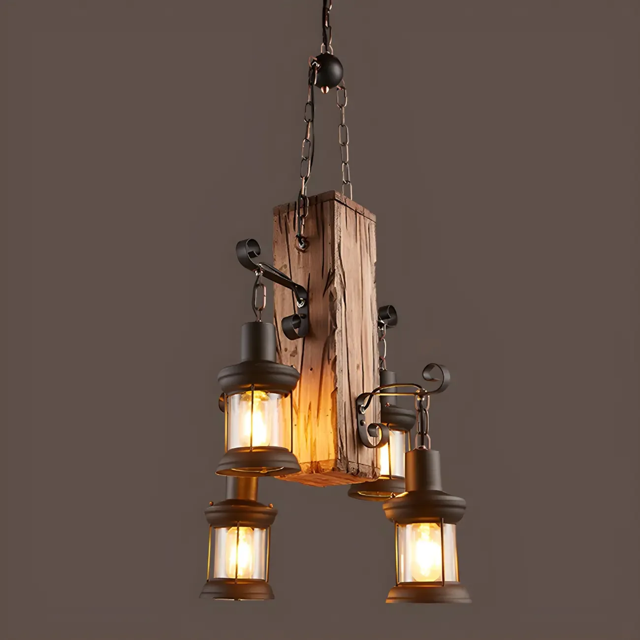 Industrial Farmhouse Metal Wood Rectangular Chandelier