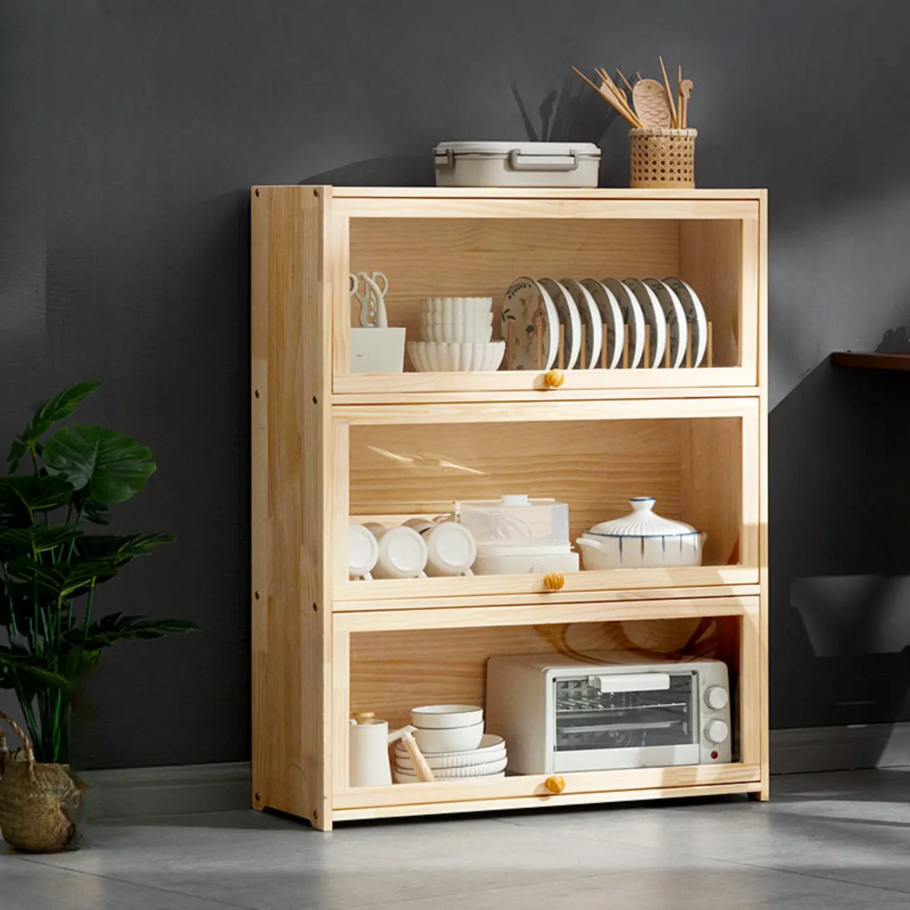 Kitchen Natural Wooden Multi-Shelf China Cabinet