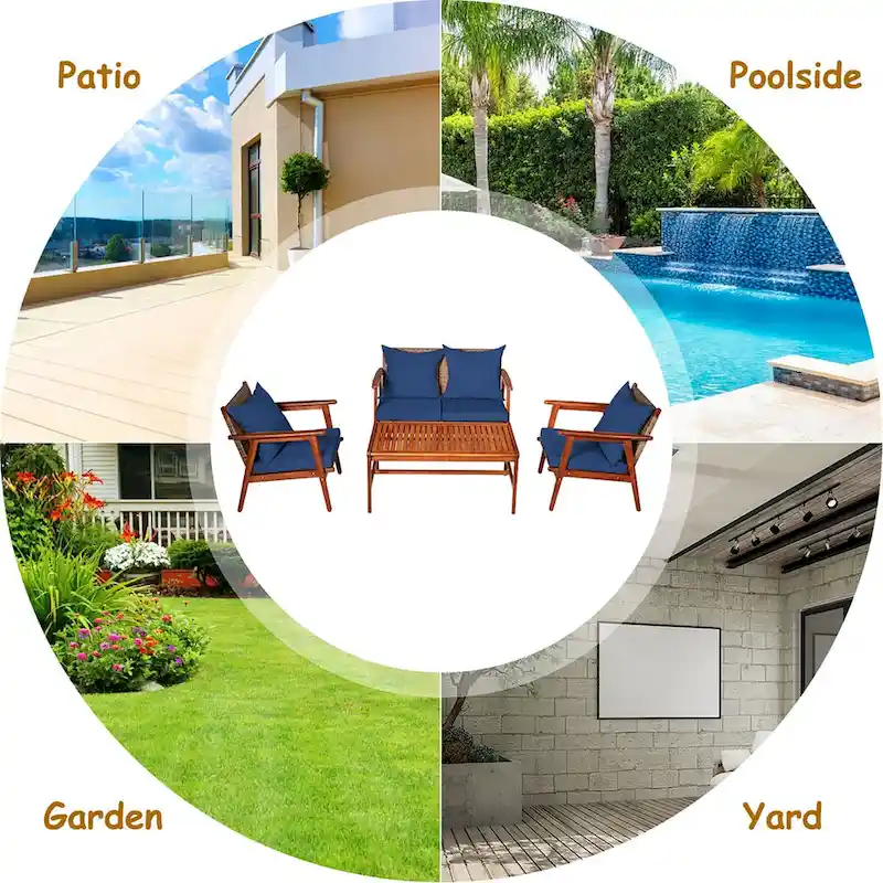 Costway 8PCS Patio Rattan Furniture Set Acacia Wood Frame Cushioned