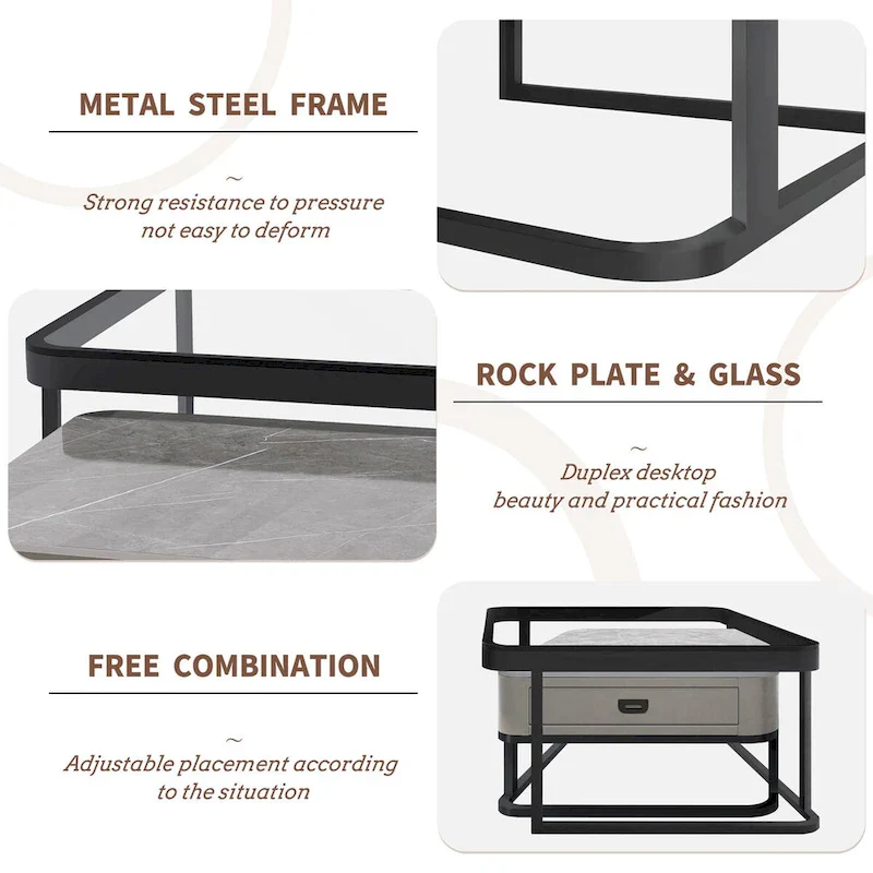 Modern Glass Waterproof Square Nesting Coffee Table with Drawer