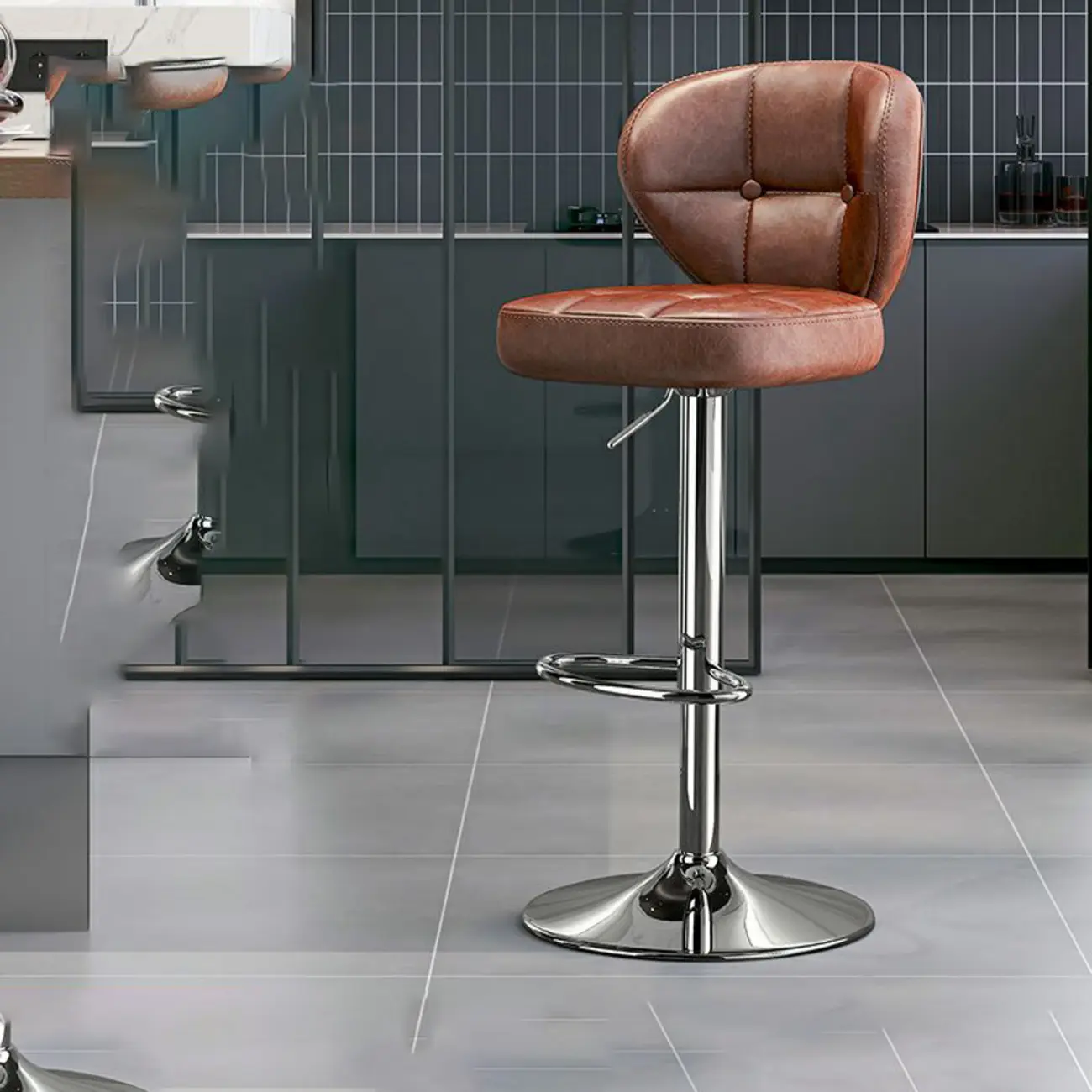 Modern Square Tufted Faux Leather Adjustable Swivel Bar Stools