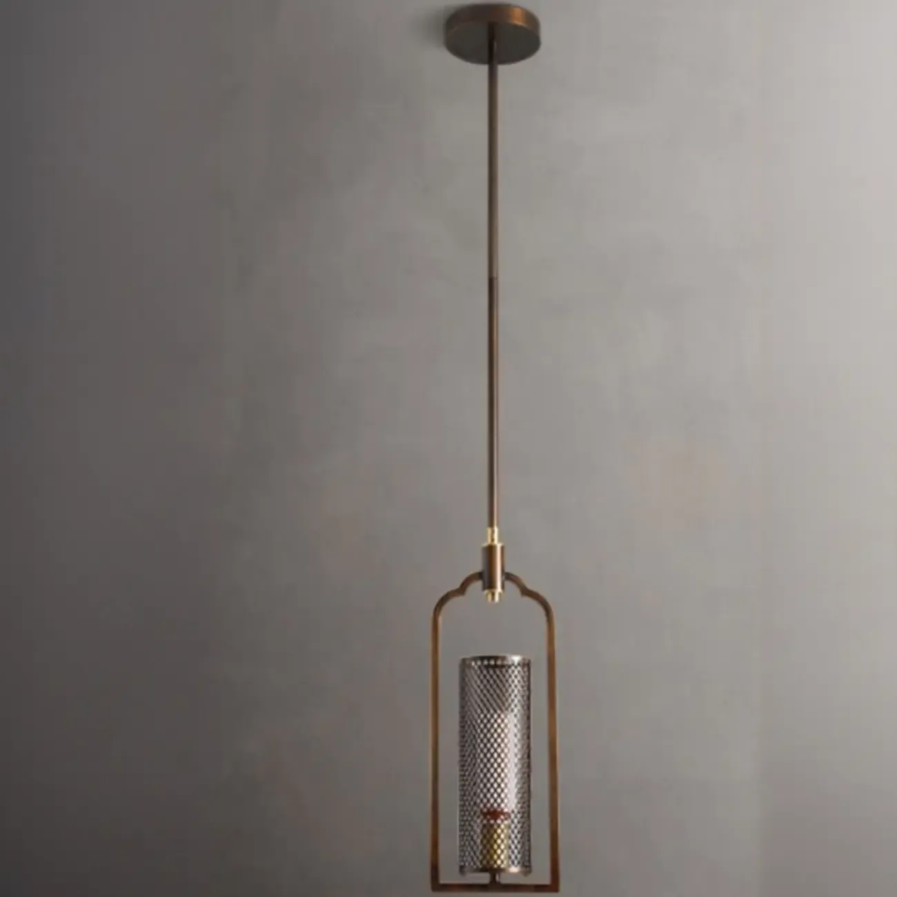 Antique Brass Cylinder Pendant Light with Copper Mesh Shade