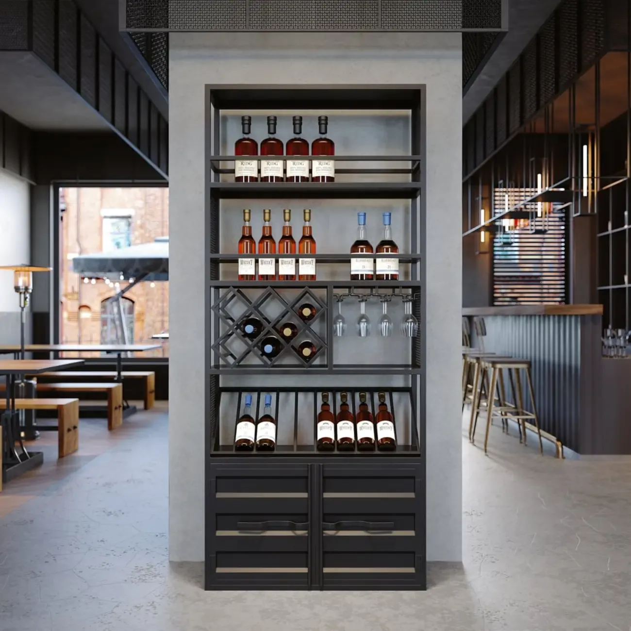 Industrial Versatile Metal Floor Wine Rack with Cabinet