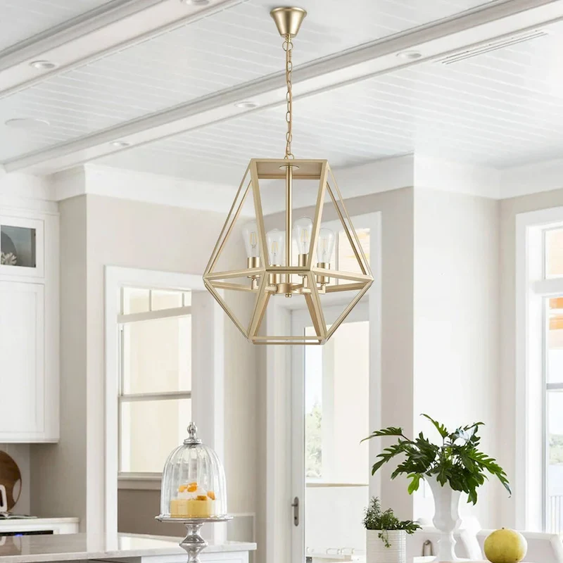 Industrial Painted Gold 4-Light Geometric Metal Frame Pendant Light
