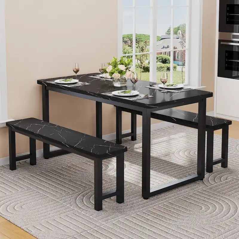 3-Piece Industrial Style Dining Table & Bench, Marble Veneer