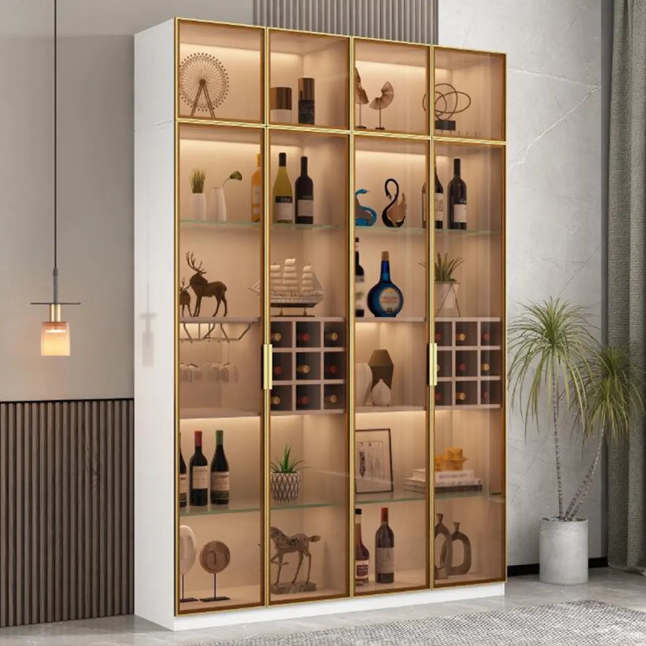 Lighting Black Wooden Floor Wine Cabinet with Glass Doors