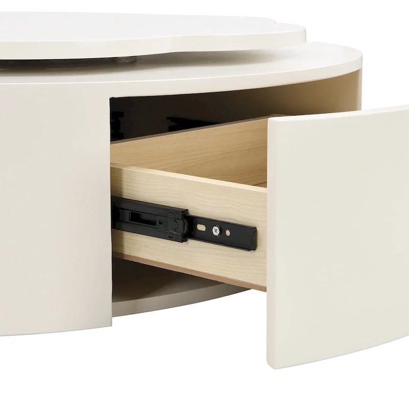 Modern Round Coffee Table Set of 2, 360-Degree Rotatable Flower-shaped Top with 2 Drawers, Top Circle Side Table with Glass