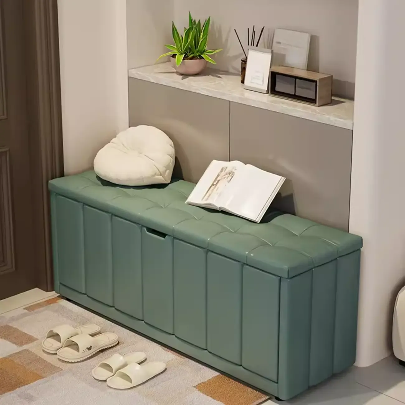 Adjustable Shelves Drop Front Wood Cushioned Shoe Bench