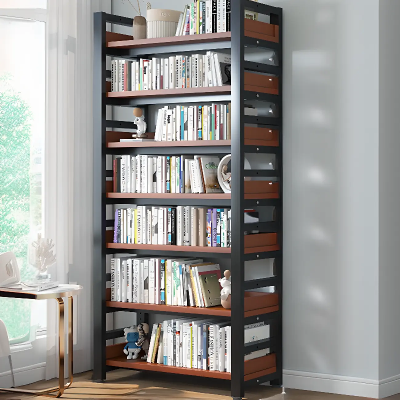 Freestanding Simple Multi-Layer Wood Bookshelf in Steel Frame