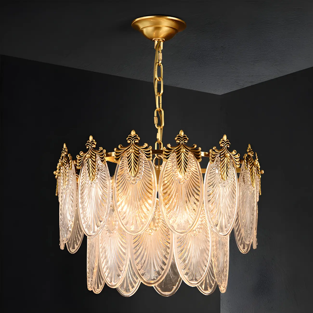 Elegant Brass Ribbed Glass Tiered Chandelier