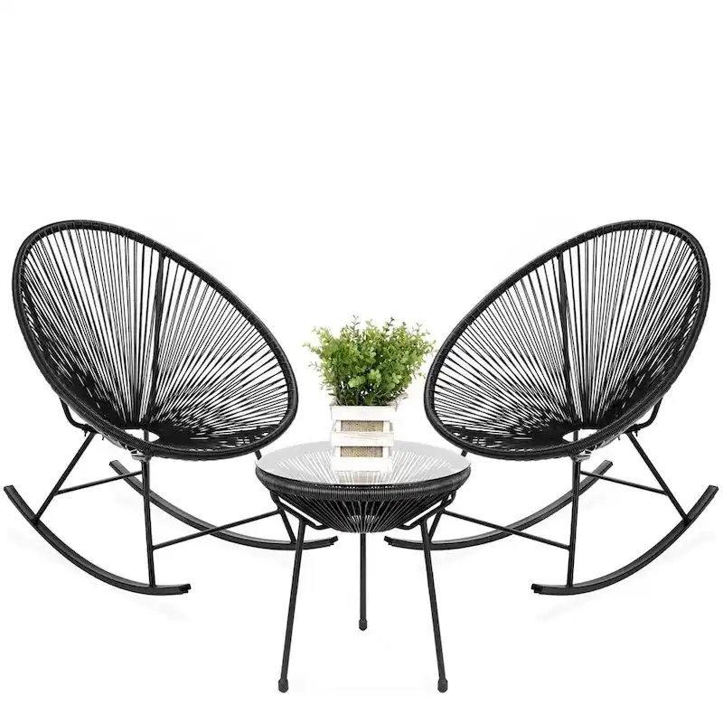 3 Piece Oval Patio Woven Rocking Chair Bistro Set - 35.5 inches L x 29 inches W x 35.5 inches H