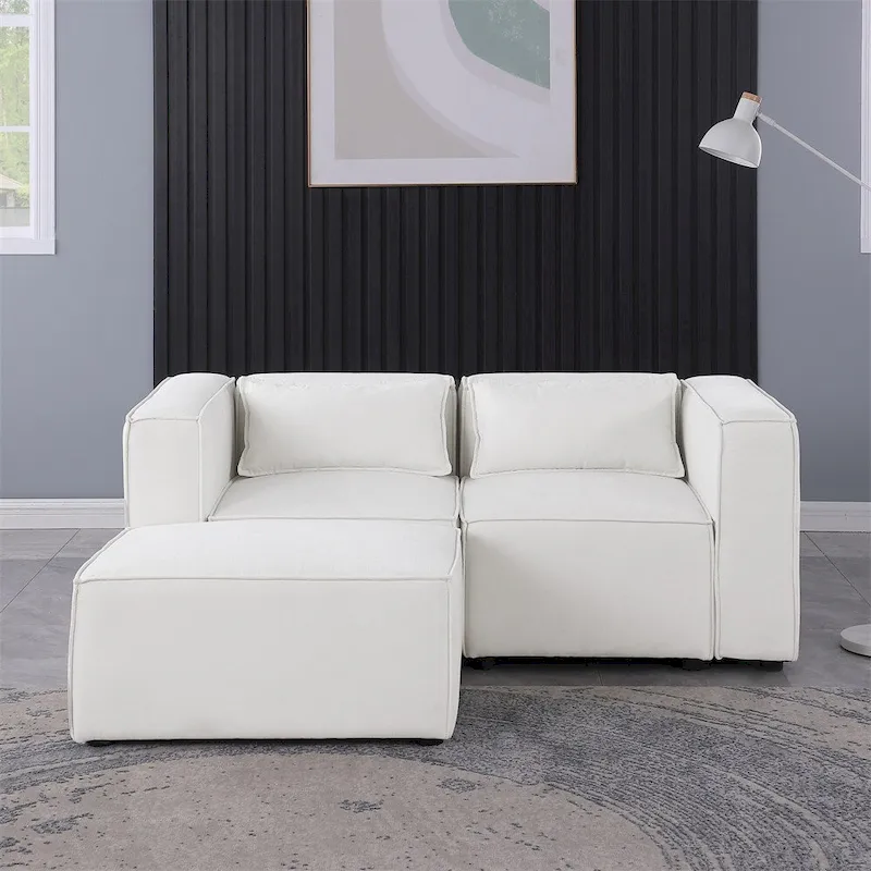 Chenille Fabric Sofa with Legs and Ottoman