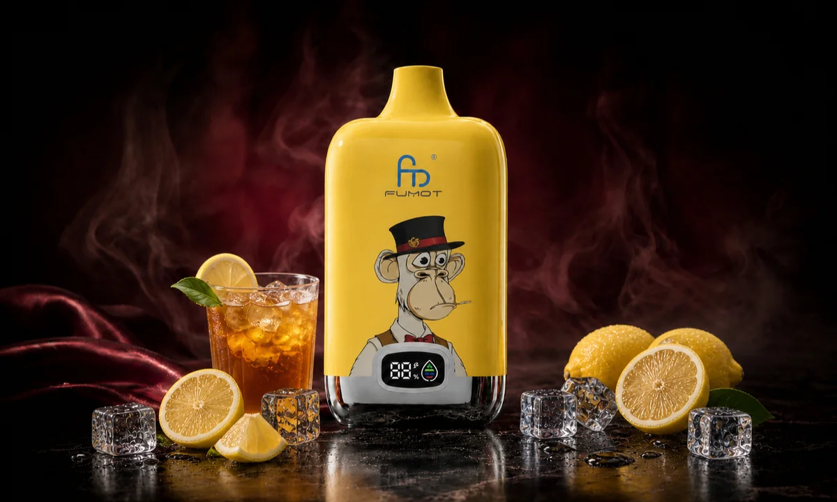 Fumot Digital Box 12000 Ice Tea Lemon Ice Vape in einer dunklen Rauchszene