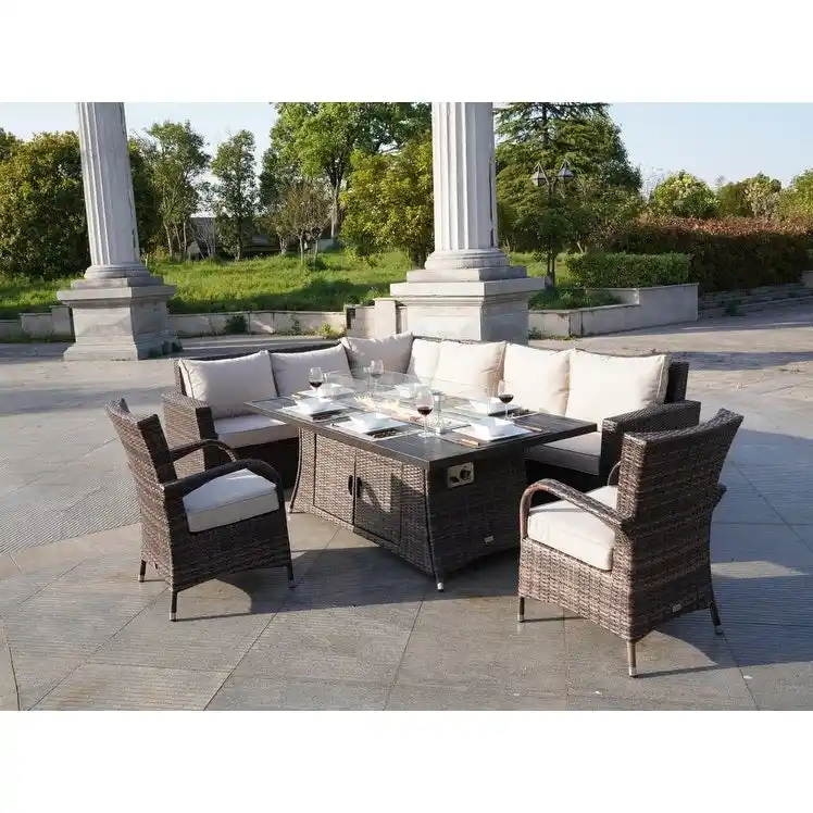 Patio Rattan Sofa Set with Alum Dining Table and Chairs