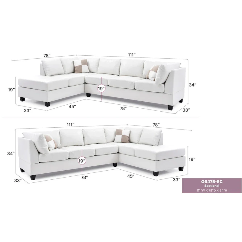 Malone 111 in. Faux Leather 4-Seater Sectional Sofa with 2-Throw Pillow - 111L x 78W x 34H