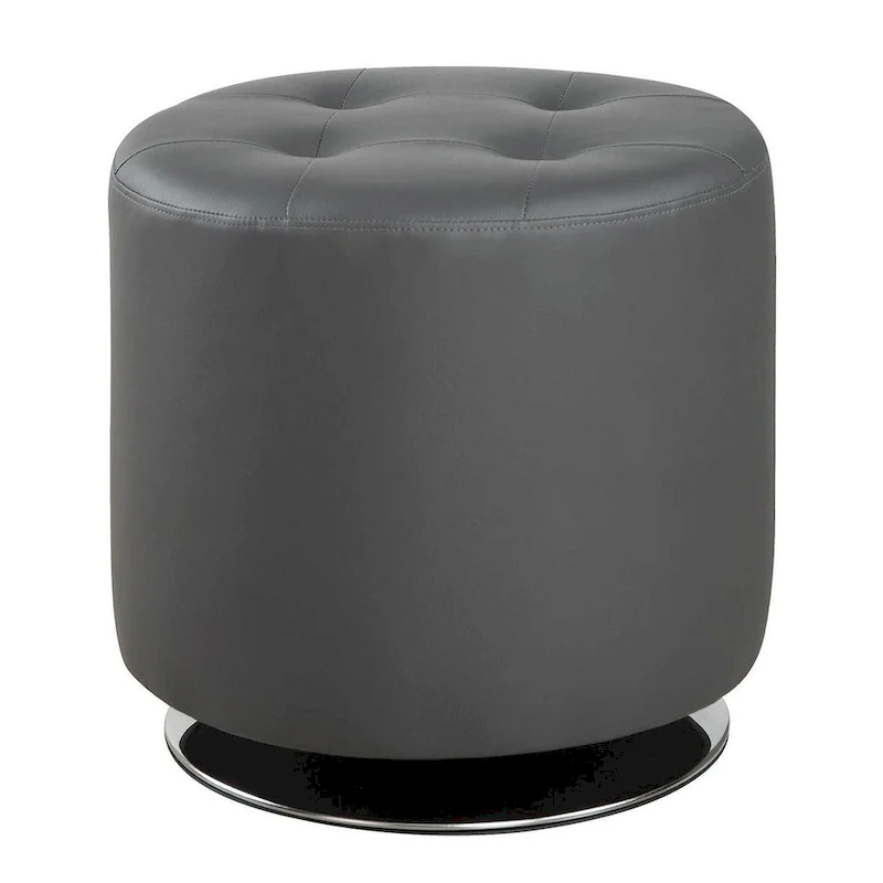Round Leatherette Swivel Ottoman with Tufted Seat, Gray and Black