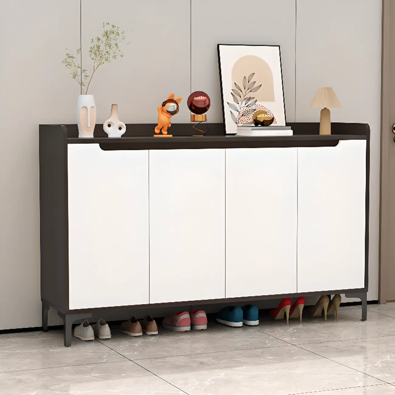 Sleek Milk Cocoa Wood Shoe Cabinet with Display Top