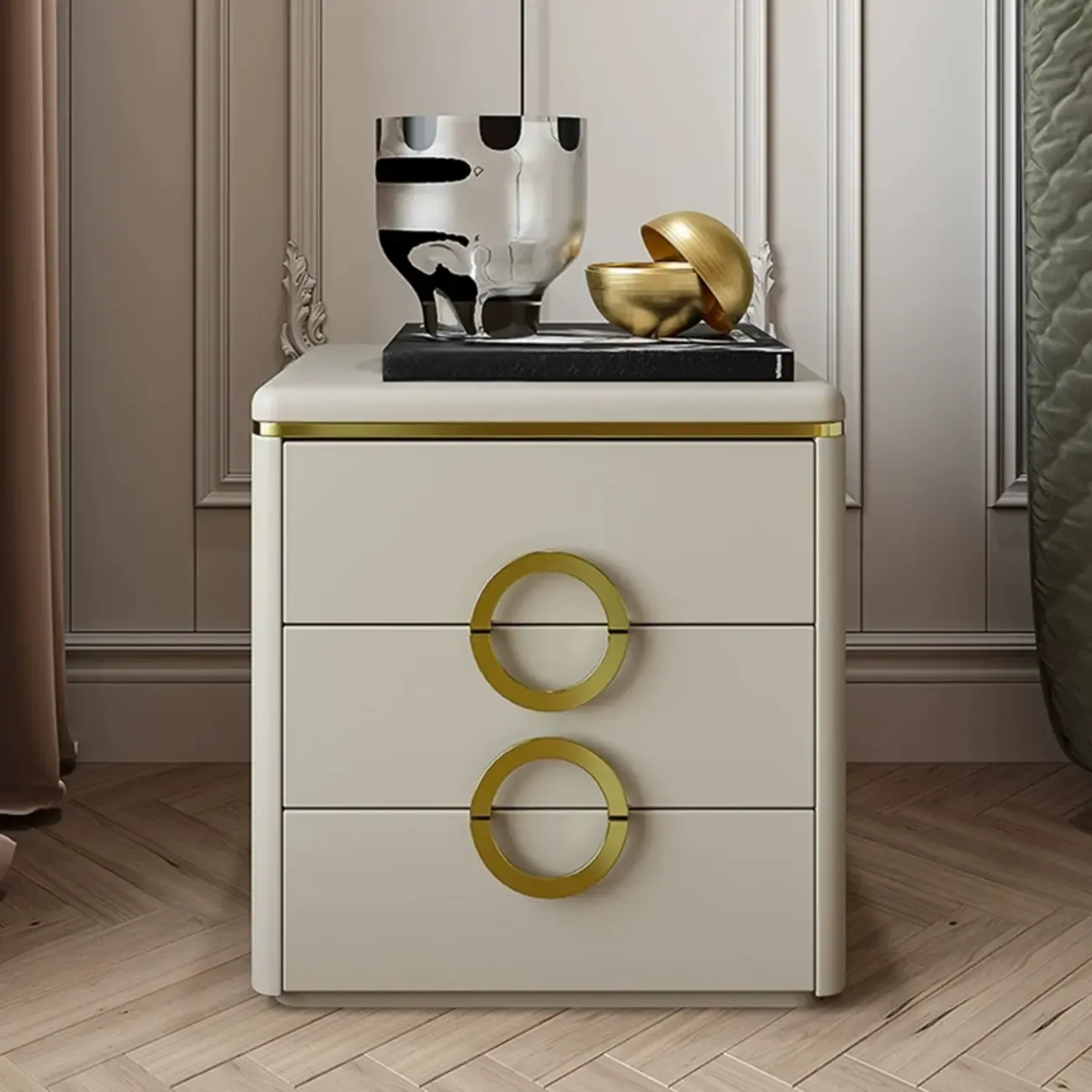 Elegant Faux Leather Metal Accent 3 Drawers Nightstand