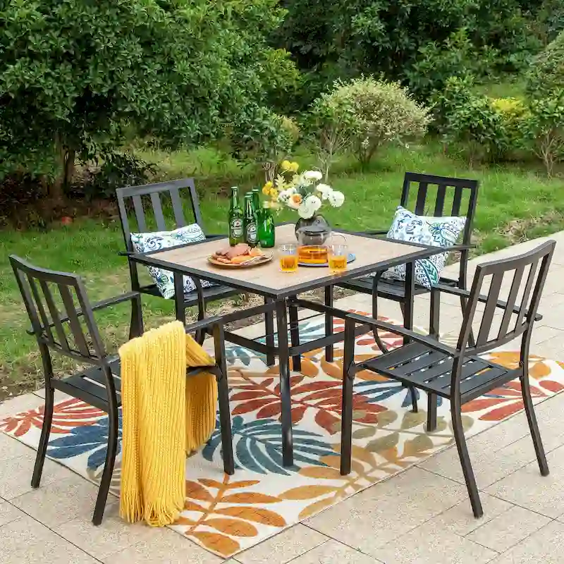 MAISON ARTS 5-piece Faux Wood Table and Metal Stackable Chairs Patio Set - 5-Pieces Sets