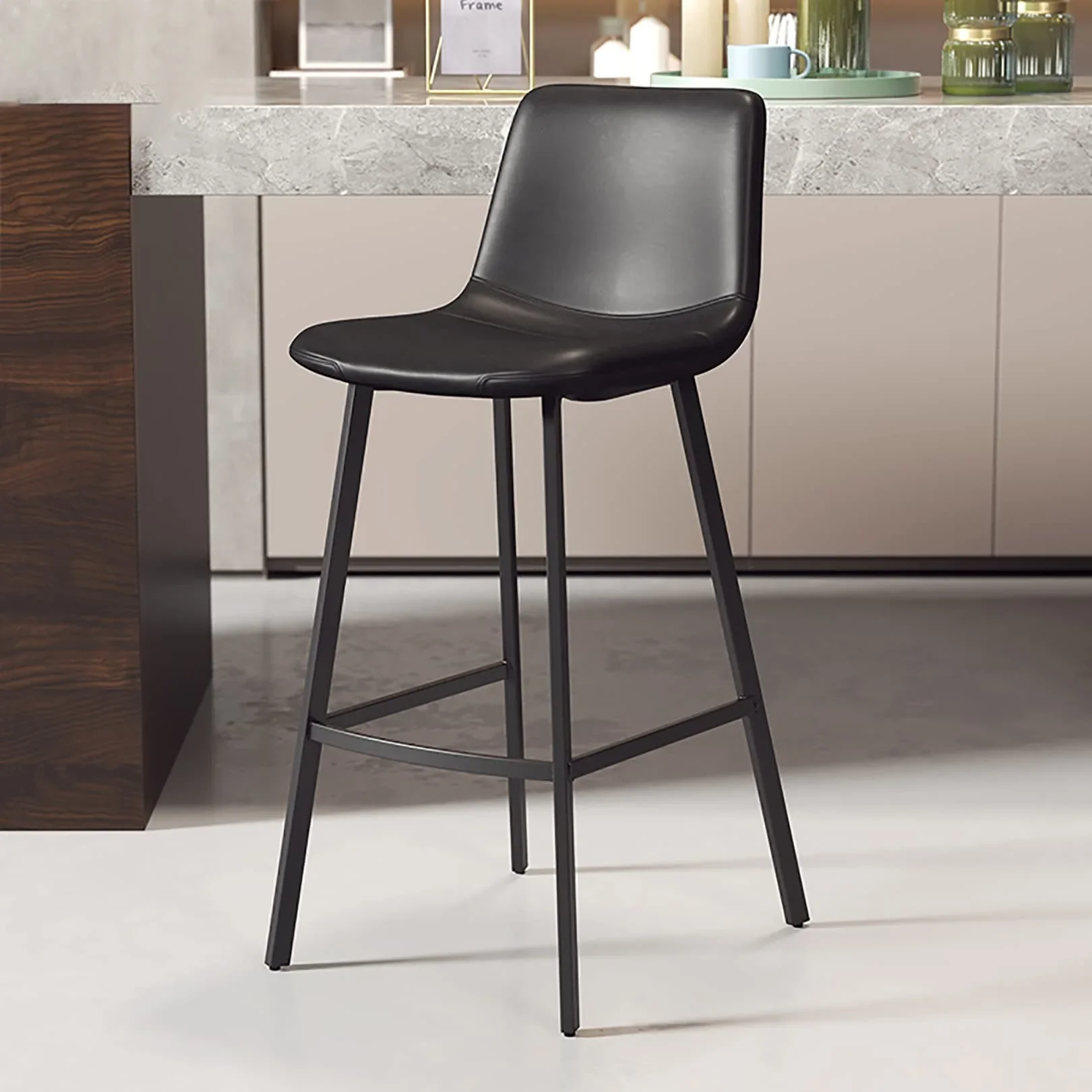 Scandinavian Leather Black Frame Bar Stool