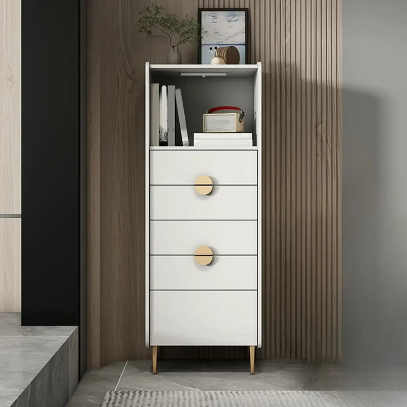 Modern Multi-Drawer White Wood Gold Storage Cabinet with Shelf