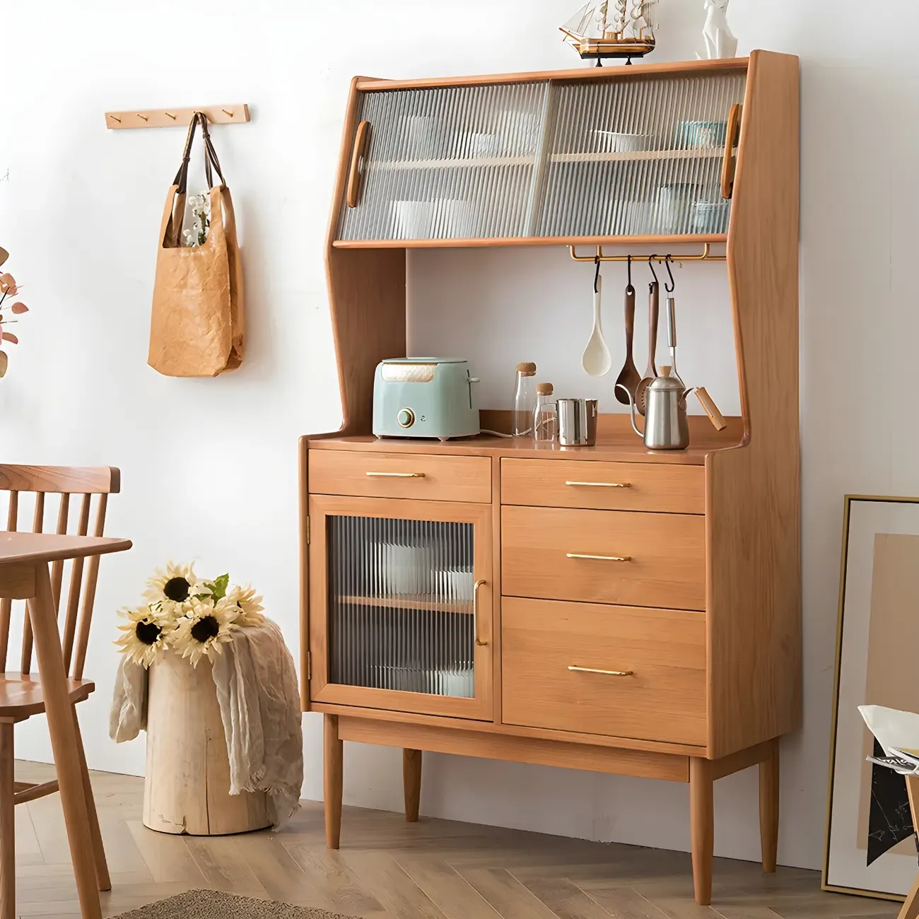 Cherry Wood Open Storage Kitchen Hutch Cabinet