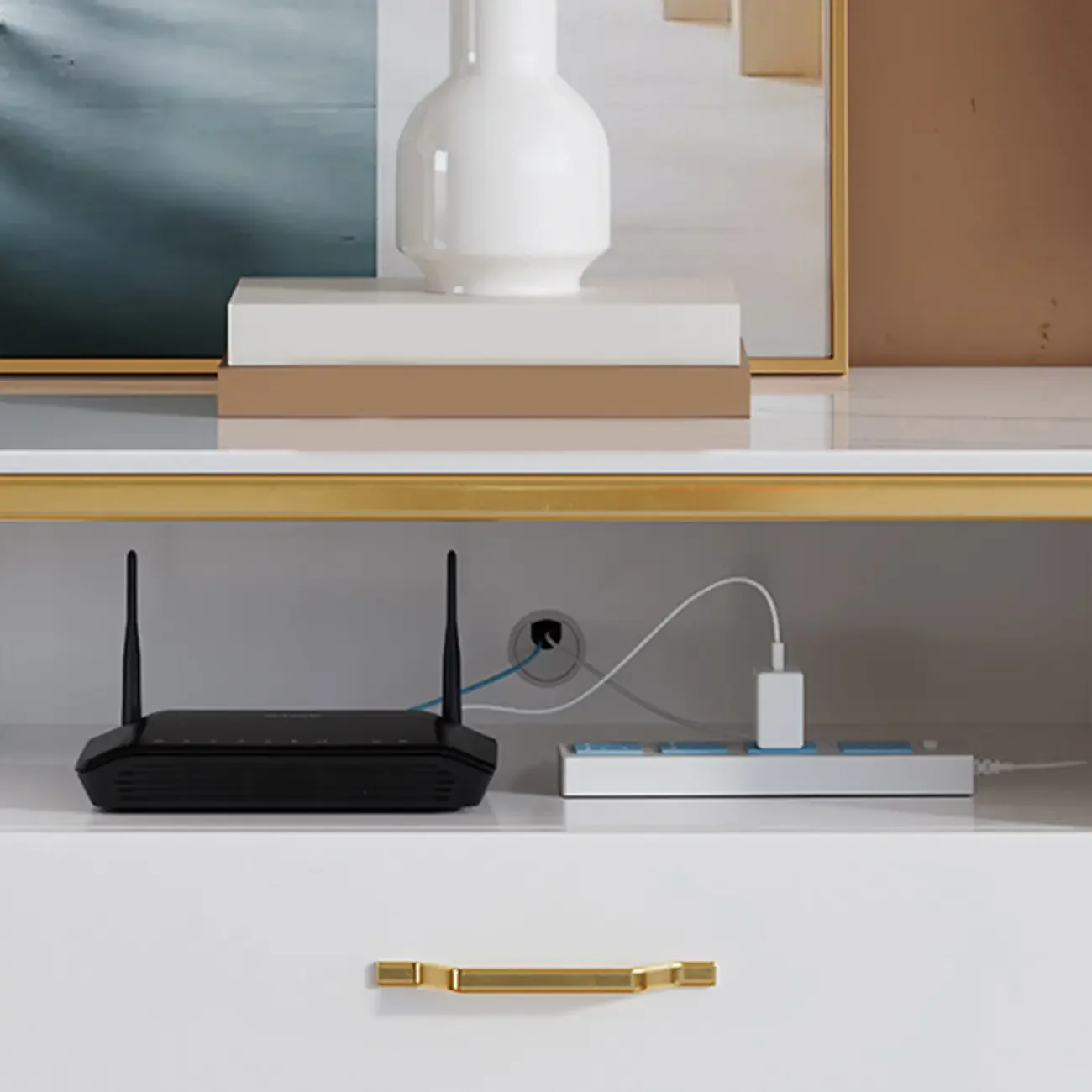 Glam Glossy White Stone TV Stand with Cable Management