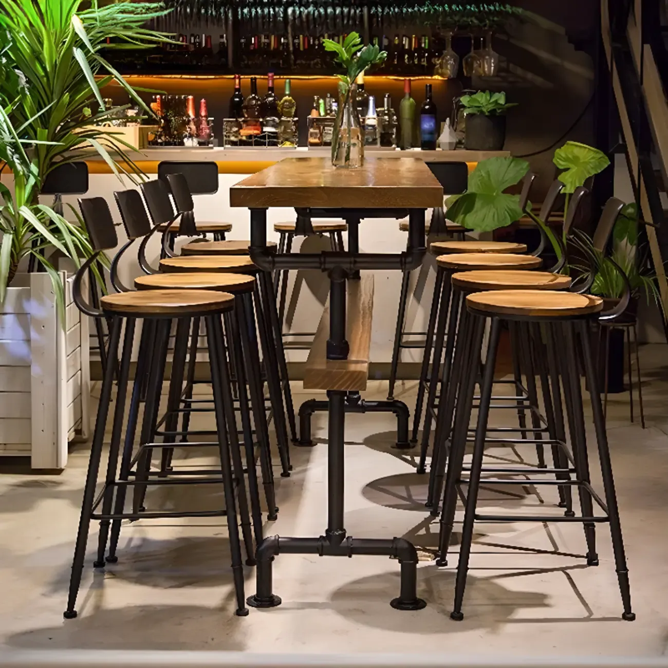 Industrial Brown Black Metal Wood Bar Tables