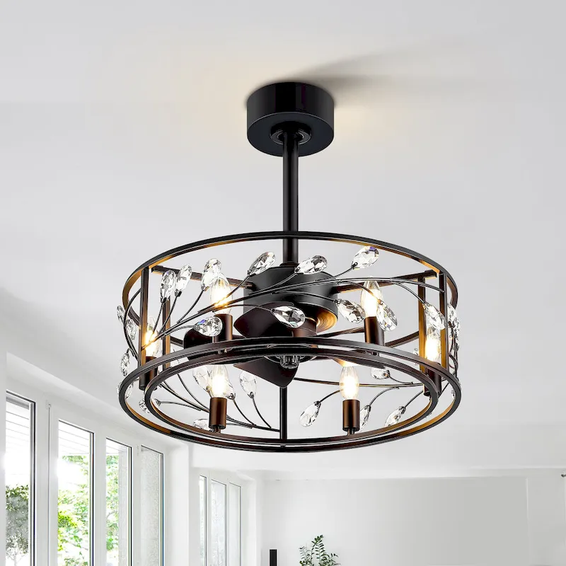 20  Black Caged Ceiling Fan with Crystal Light Kit Remote Control - 20 Inch