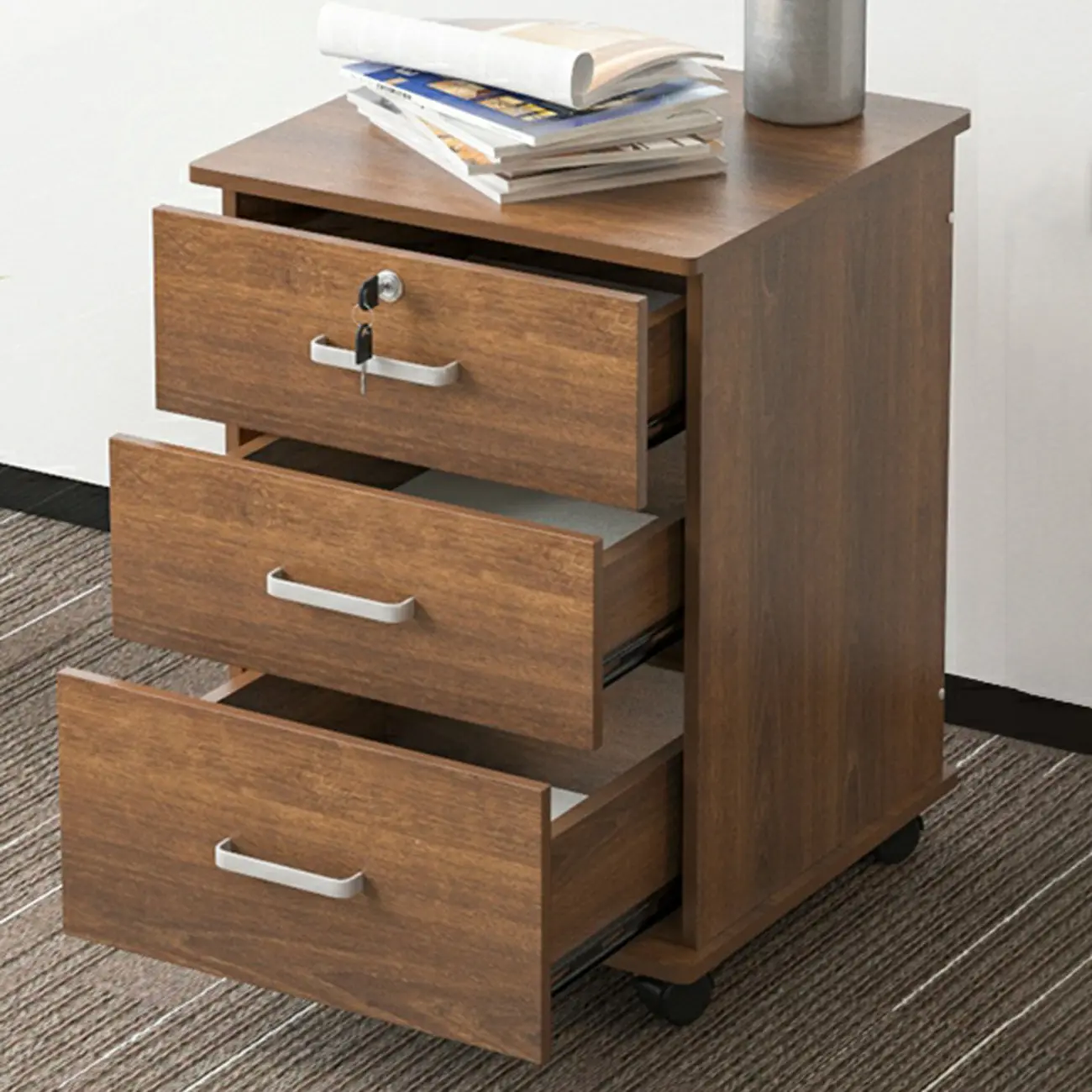 Lokable Brown-White Wood 3 Drawers Mobile Filing Cabinet