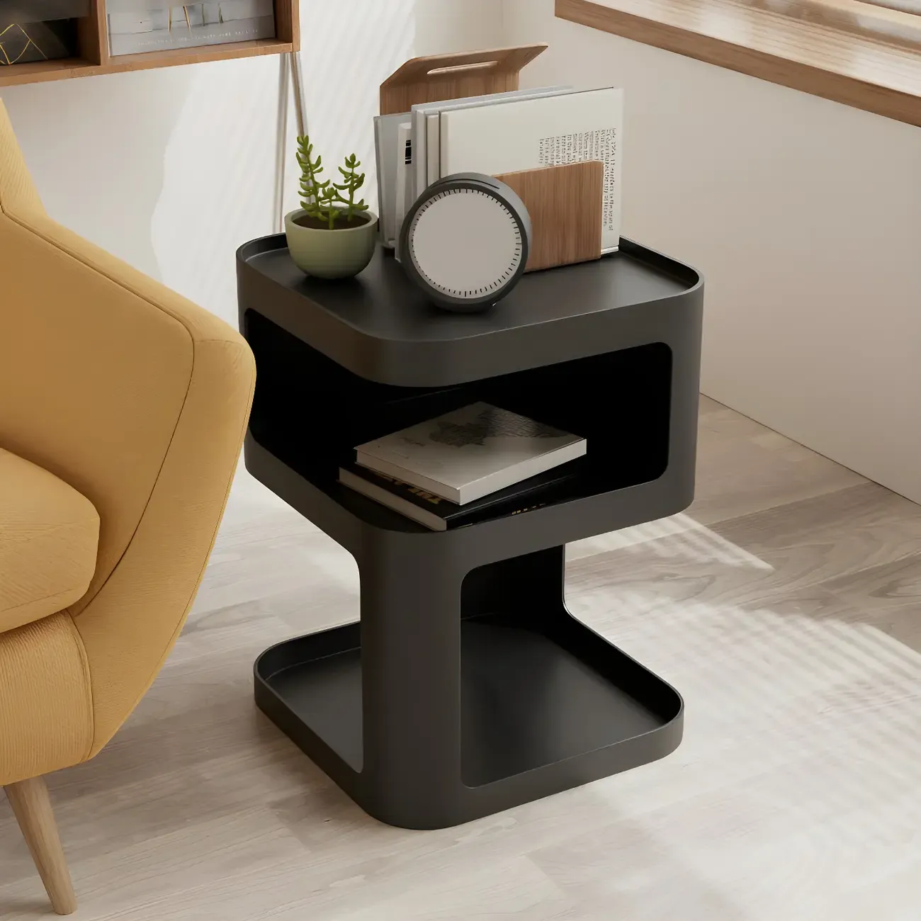 Modern Square Metal Side Table with Storage Shelves