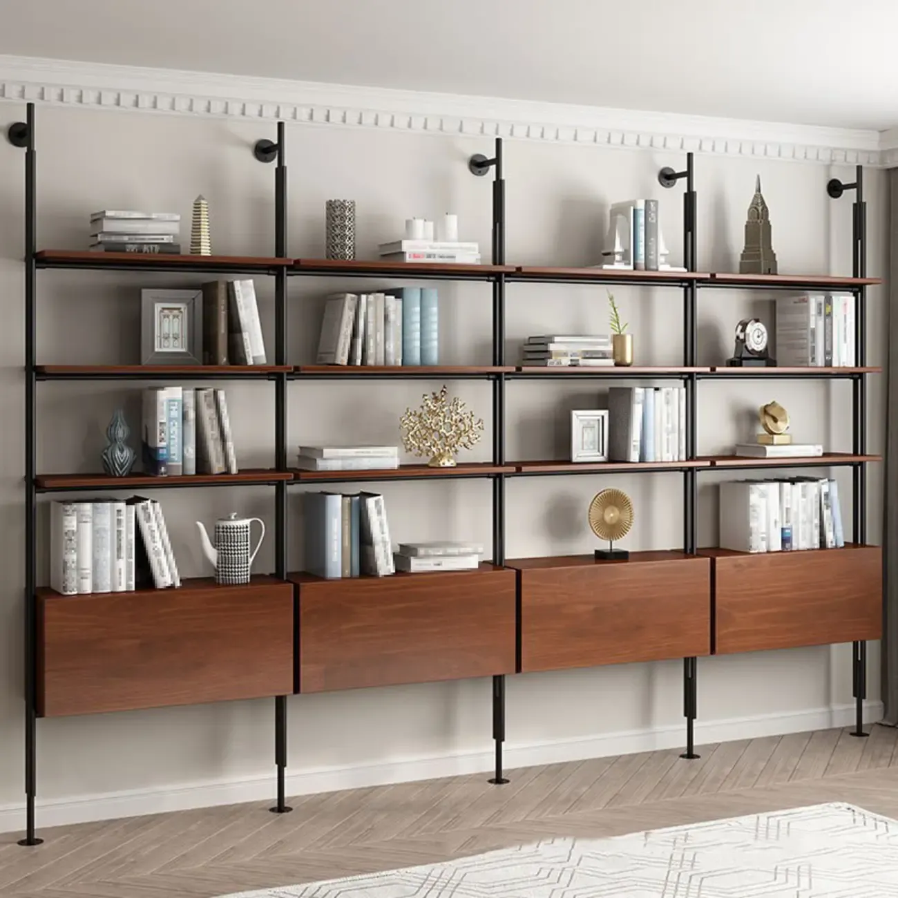 Tall Brown Open Back Metal Frame Etagere Bookcase