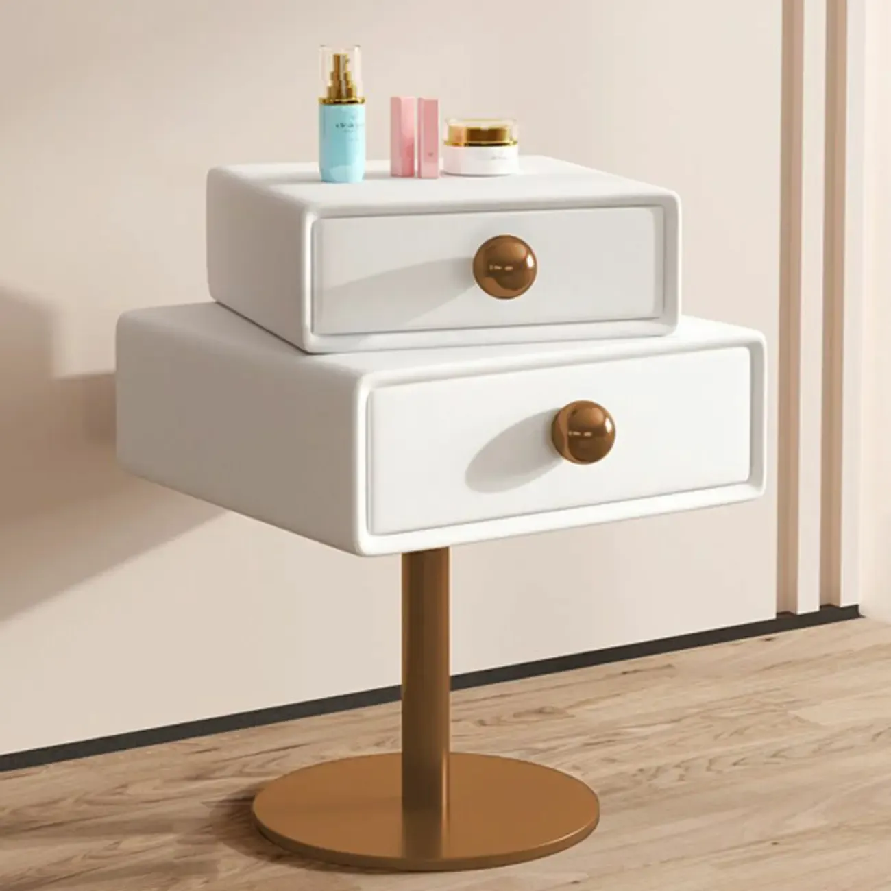 Modern Metal Faux Leather Swivel 2-Drawer Nightstand