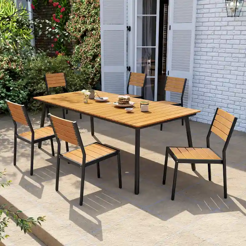 7-Piece Outdoor Rectangle Aluminum Dining Table with Stackable Chairs