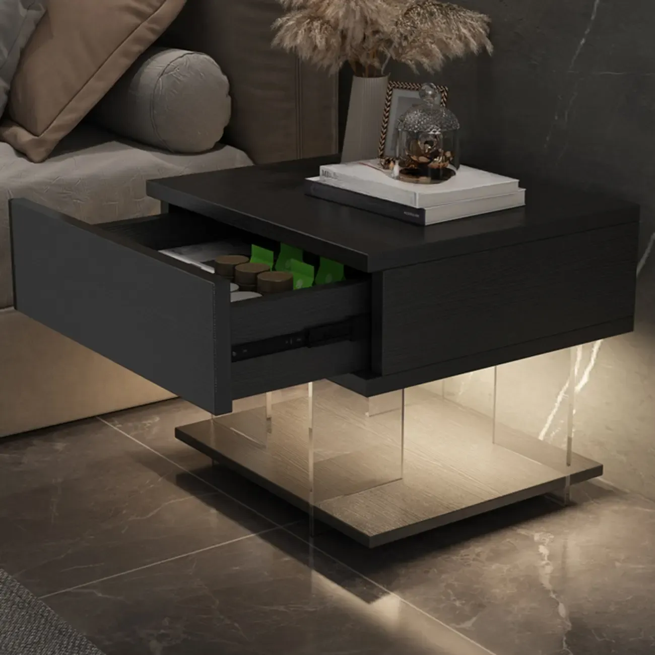 Modern Acrylic Wood Top 1 Drawer Nightstand with Light