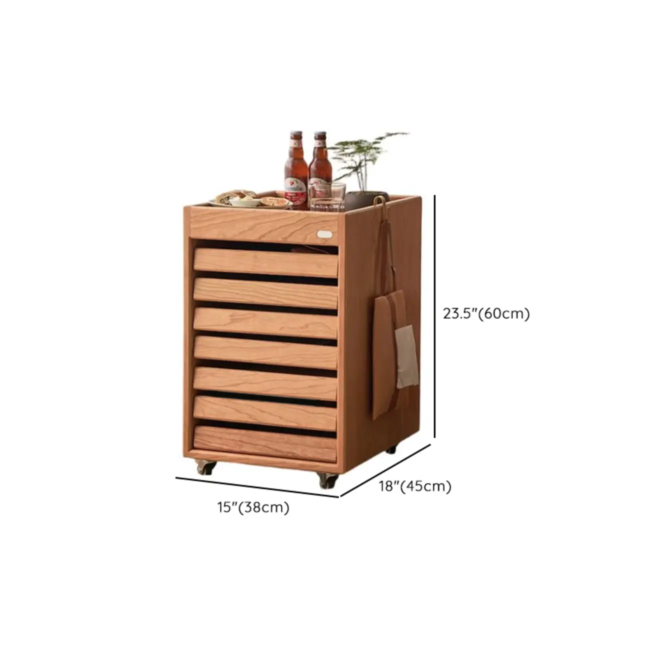 Modern Cherry Wood Rolling Side Table with Drawers