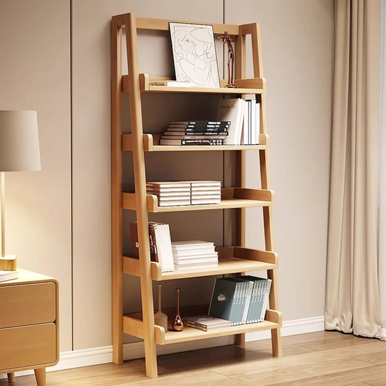 Mid-Century Modern Walnut Wood Multi-tier Ladder Bookshelves