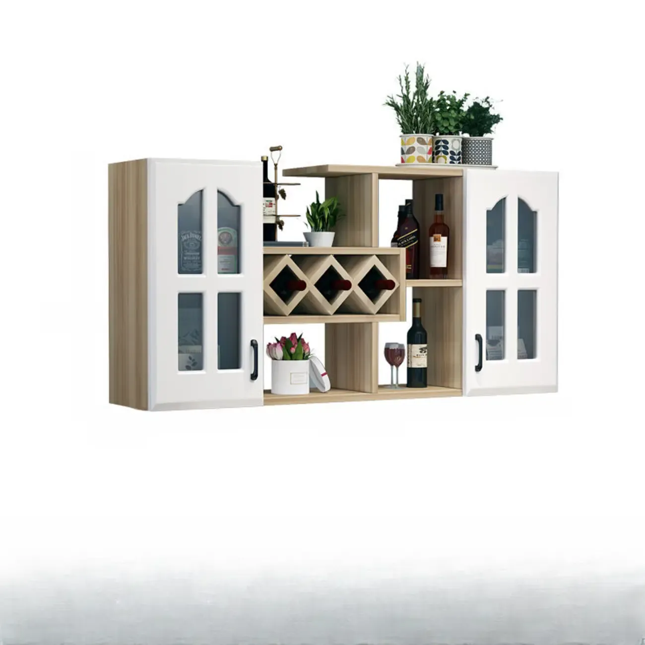 Wooden Wall-Fixed Bottle Holder Rack with Glass Holder Shelf