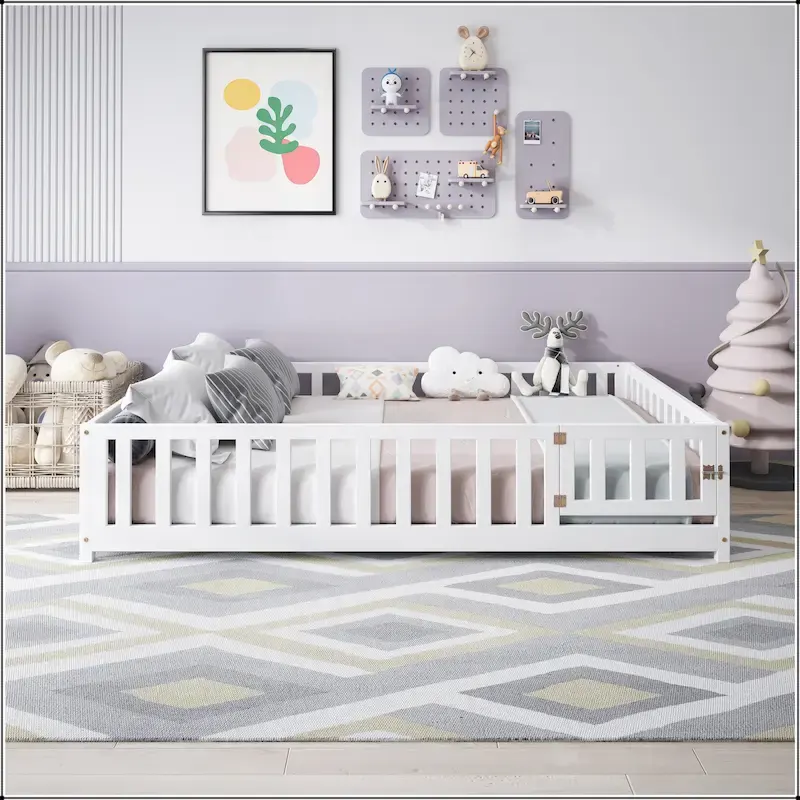 Full Size Floor Platform Bed with Fence and Door for Kids