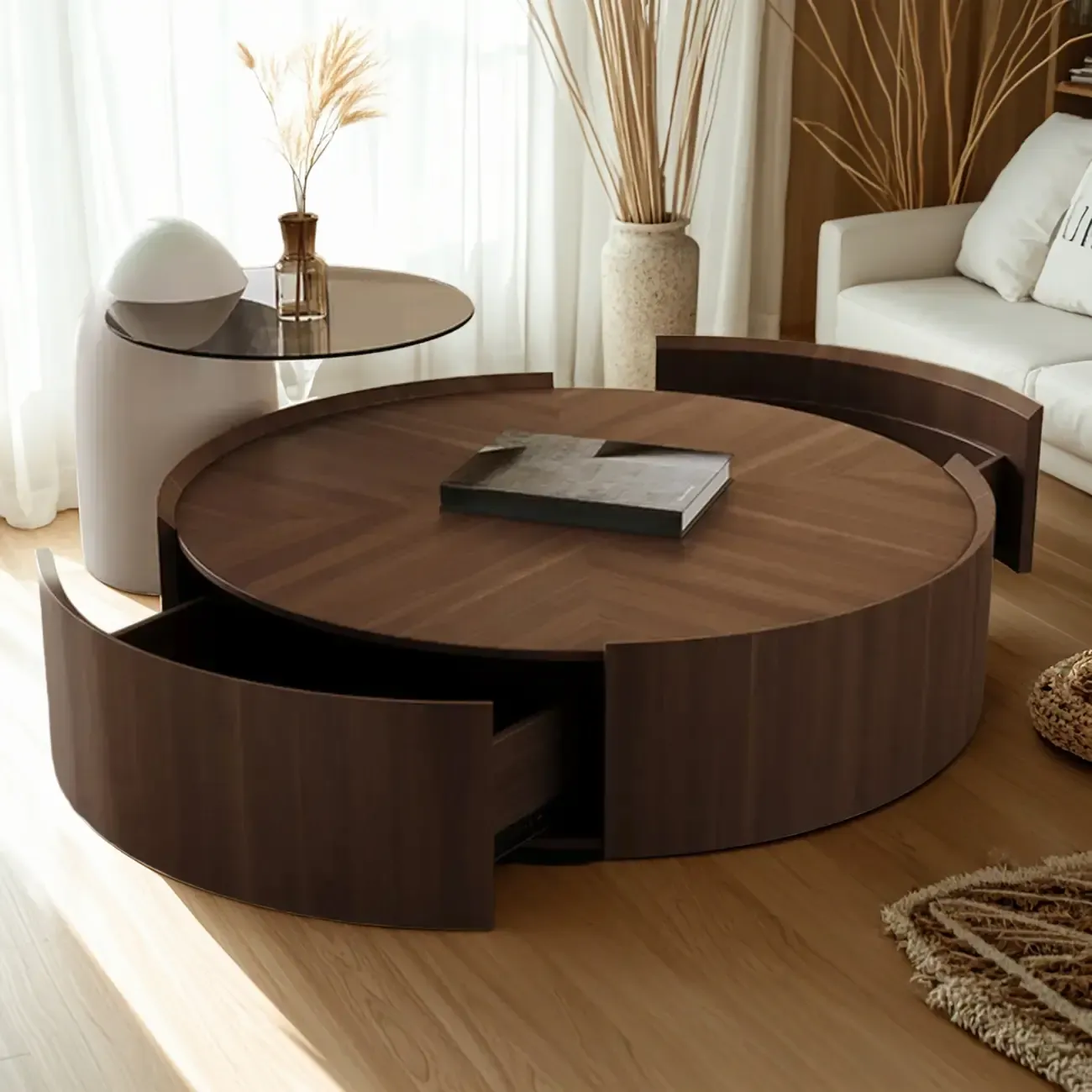 Brown Nesting Tray Wooden Round Coffee Table with 2 Drawers