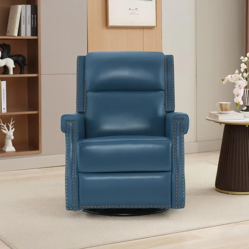 Genuine Leather Manual Rocking Recliner with 360-degree Metal Swivel Base