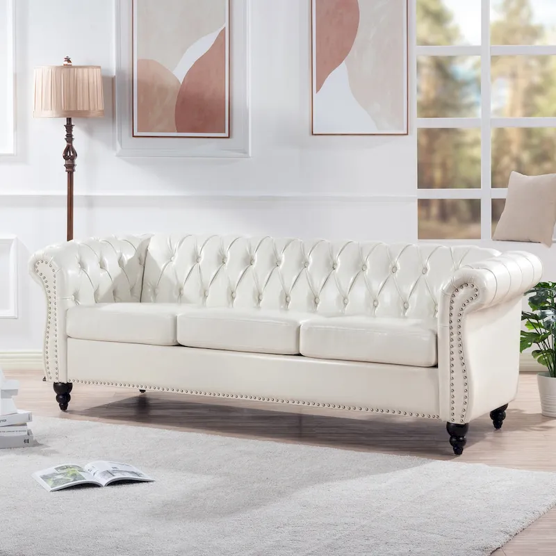 White 84.65 Chesterfield PU Leather 3-Seater Sofa with Button Tufted Backrest