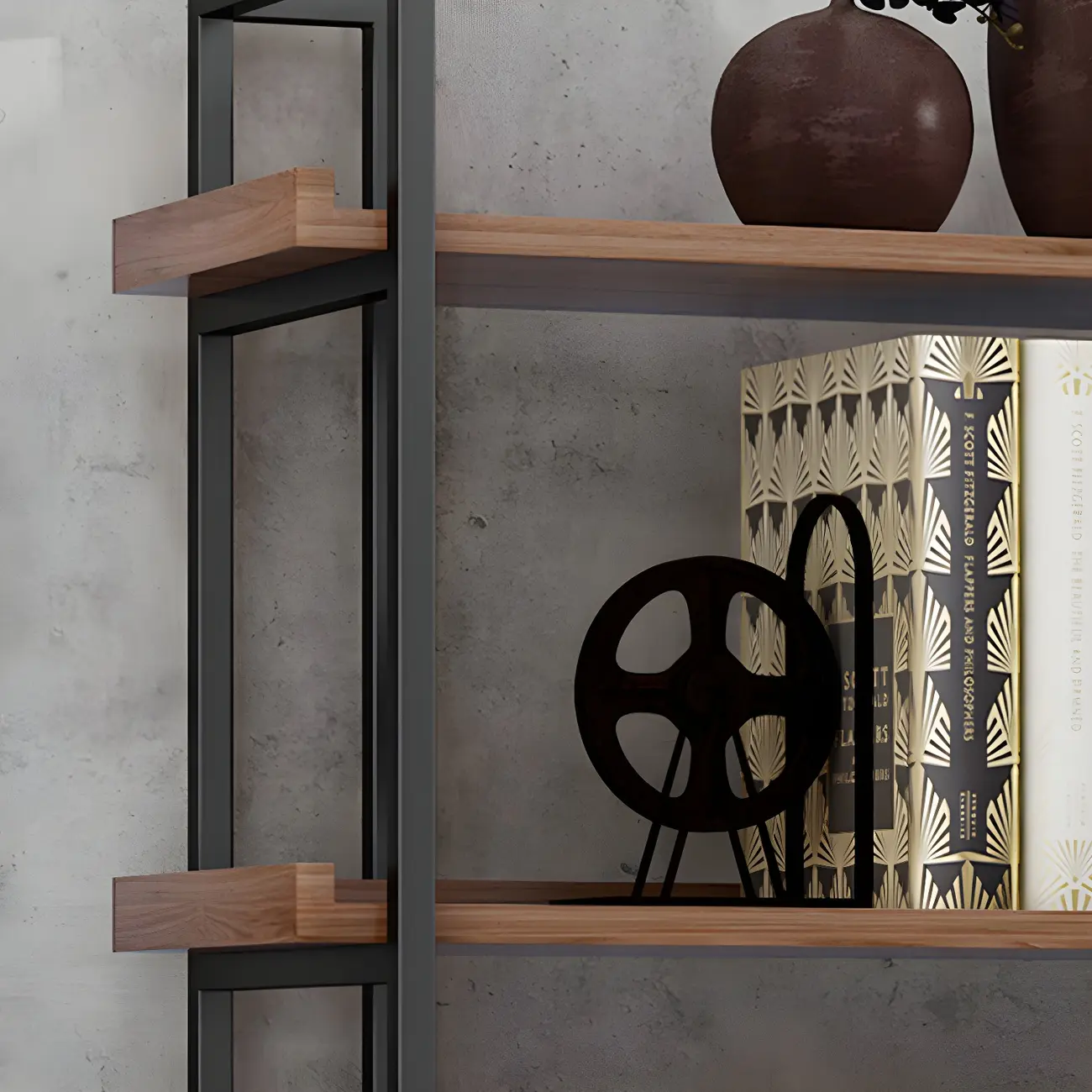 5-Shelf Industrial Metal Wood Brown Display Bookcase