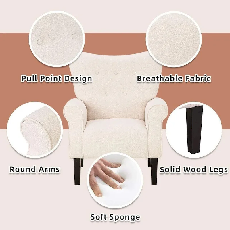 EROMMY Wingback Accent Chair, High-Back Upholstered Fabric Chair with Wooden Legs, Off-White