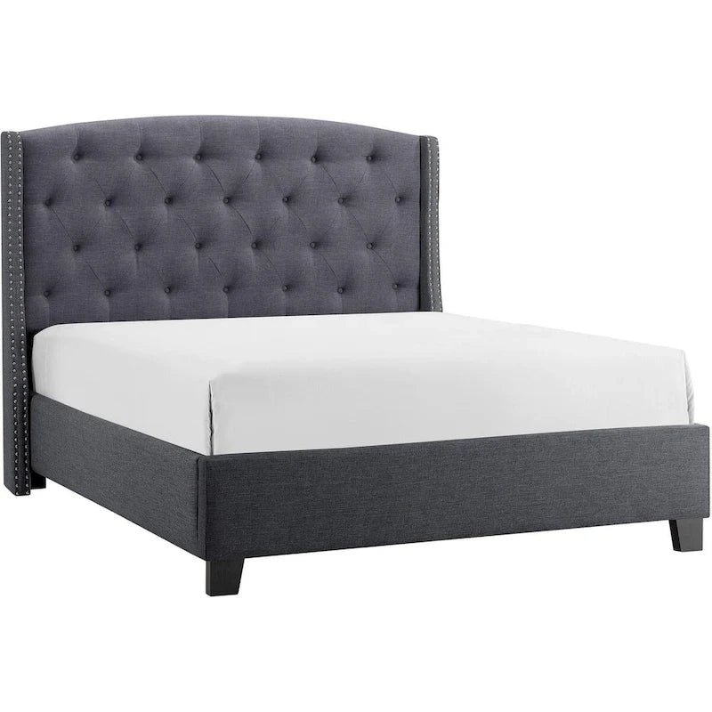 Elle King Size Bed, Low Profile, Button Tufted Upholstered Headboard, Gray