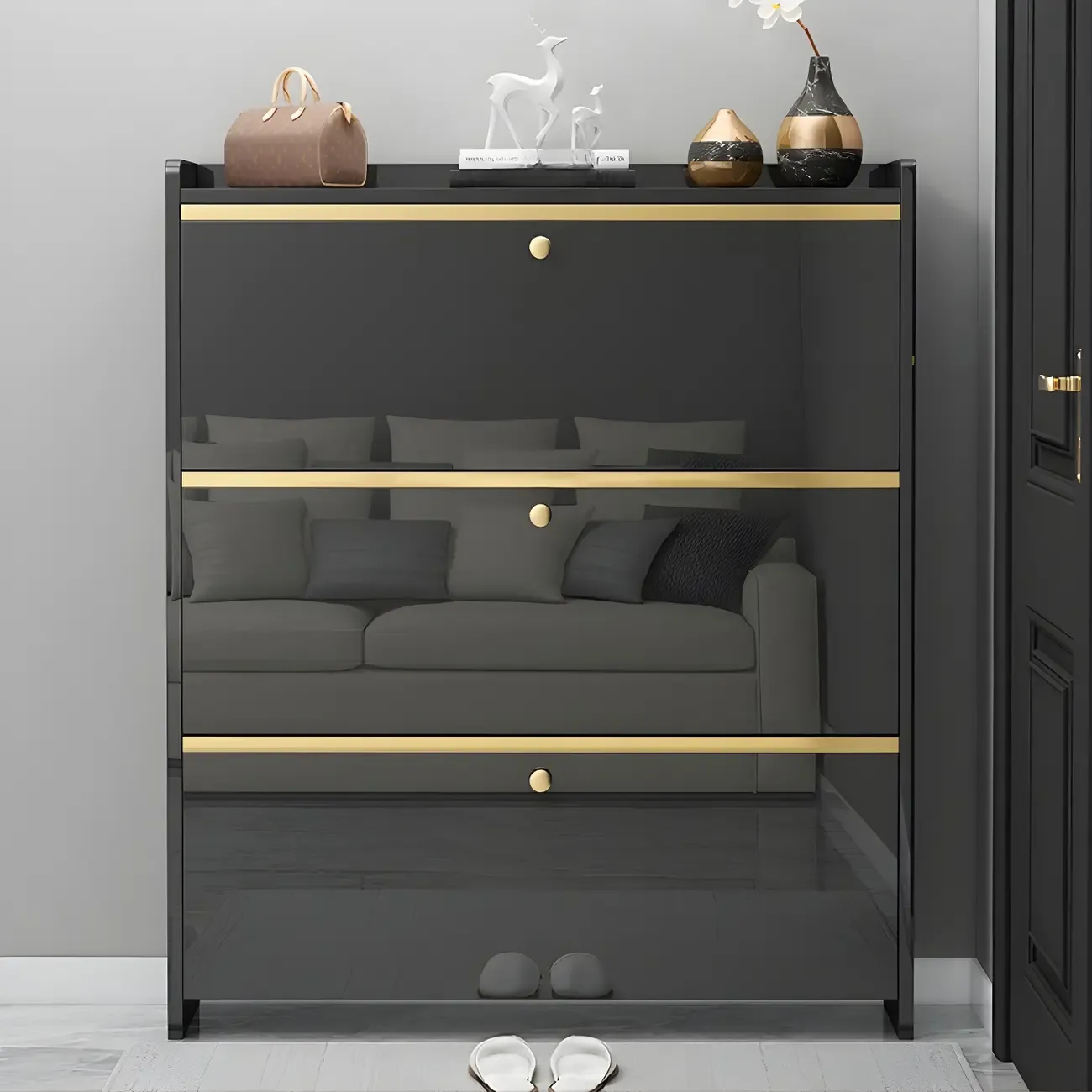Entryway Glam Black Shoe Storage with Adjustable Shelves