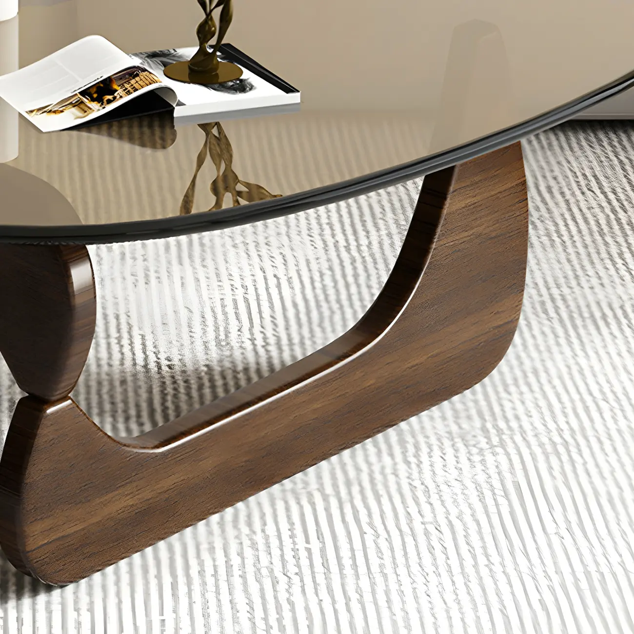 Modern Triangle Glass Coffee Table Wooden Base