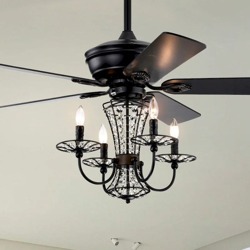 Cusp Barn 52in. Modern Industrial Crystal Ceiling Fan with Lights, Matte Black 3-Speed Reversible Ceiling Fan Light with Remote